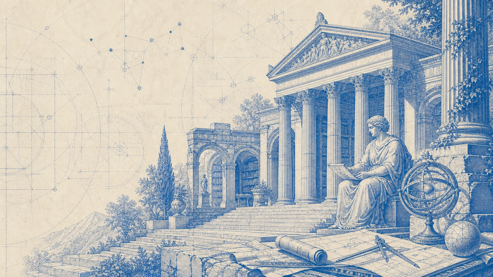 Classical research institution engraving representing Hadron Security